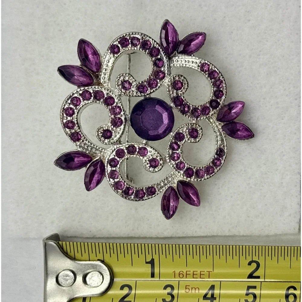Vintage Silver-Tone Purple & Clear Rhinestone Brooch 2